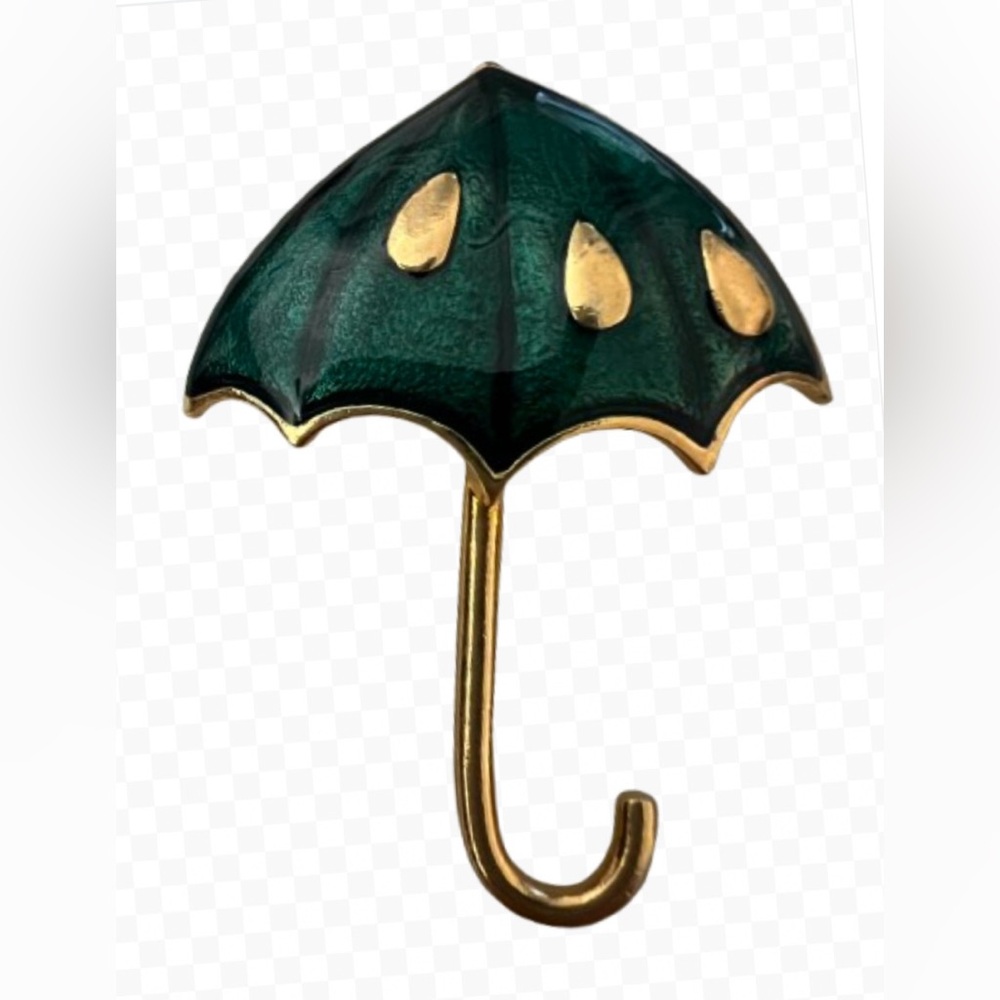 Green Enamel and Gold Tone Umbrella Brooch Retro Design